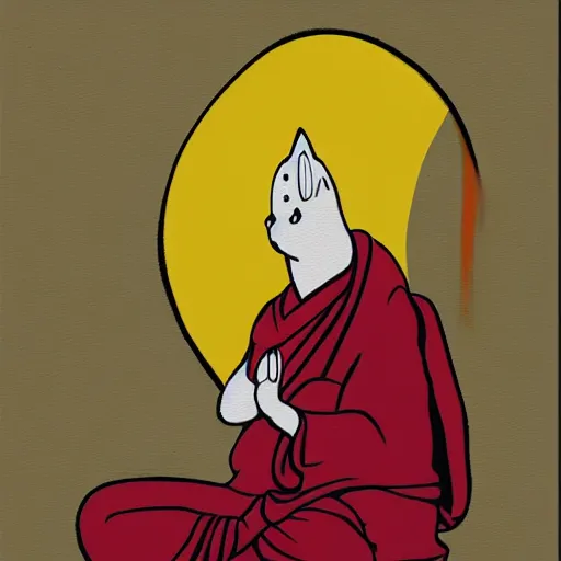 Image similar to canvas painting of cat buddhist monk cartoon, meditating, sitting, front view, eyes closed