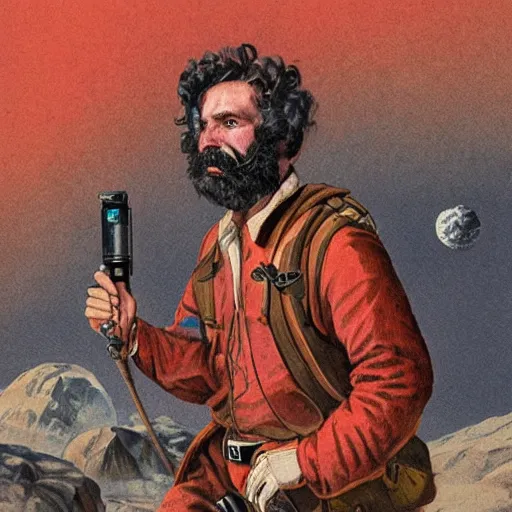 Prompt: 19th century bearded american trapper, on mars, pulp science fiction illustration
