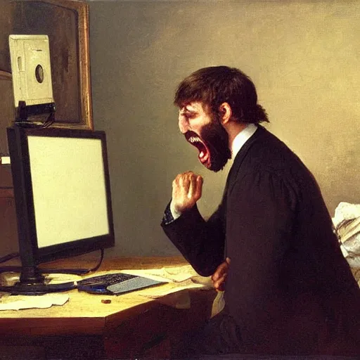 Image similar to an angry man yells at his computer monitor, oil on canvas, 1 8 8 3, highly detailed, high resolution