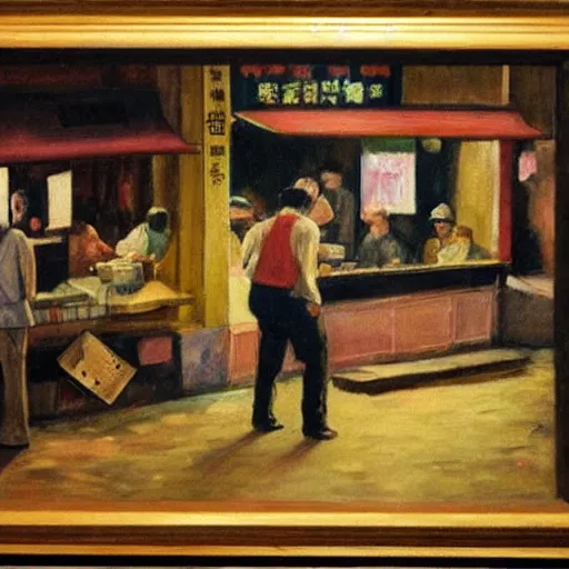 Image similar to Hopper painting of people in a cafe at night in Kowloon Walled City, Hong Kong