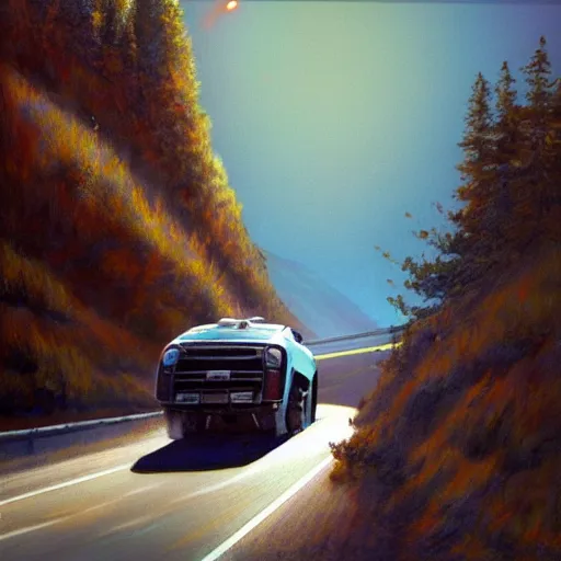 Image similar to Giant head of david copperfield with four wheels, running fast on a californian highway, rays of light, particles light, kuvshinov ilya