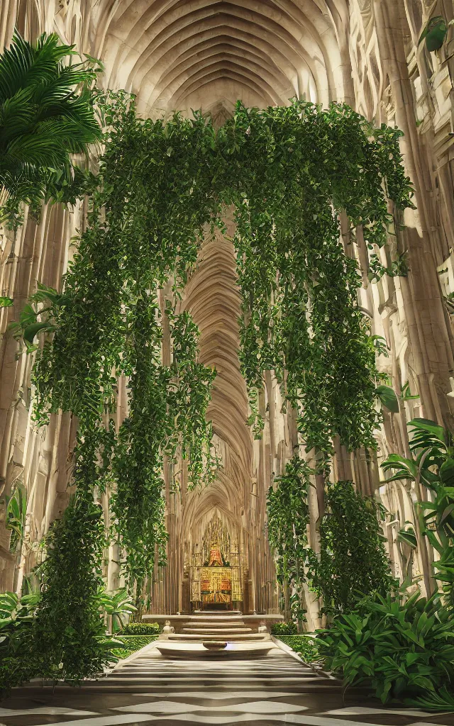 Prompt: grand cathedral interior with koi pond in the middle surrounded by palm trees, ivy, flowers, tropical plants, roses, and with archways, rendered in octane render with photorealistic cinematic volumetric lighting, cinematic, horizontal symmetry, symmetrical
