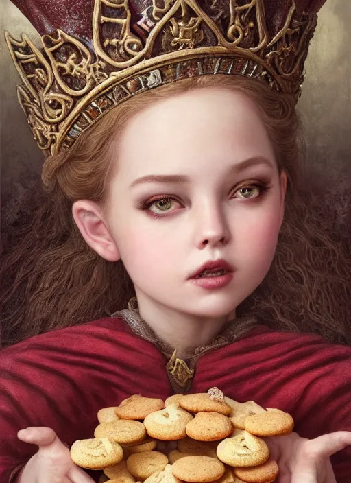 Image similar to highly detailed closeup portrait of a fairytale medieval princess eating cookies, unreal engine, nicoletta ceccoli, mark ryden, lostfish, earl norem, global illumination, god rays, detailed and intricate environment