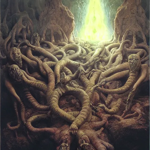 Image similar to the topology of hell | highly detailed oil painting, hyperrealistic, very intrincate | cinematic lighting, award - winning | by rachel ruysch, wayne barlowe, beksinski and bocklin | by austin osman spare and william blake, trending on artstation, cgsociety, official art, octane.