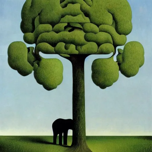 Image similar to tree elephant hybrid, the metaphor for life, by rene magritte