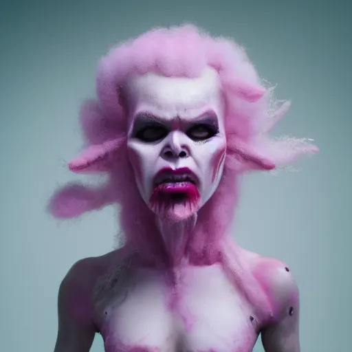 Prompt: a demon inspired by cotton candy created by the make up artist hungry, photographed by andrew thomas huang, cinematic, expensive visual effects