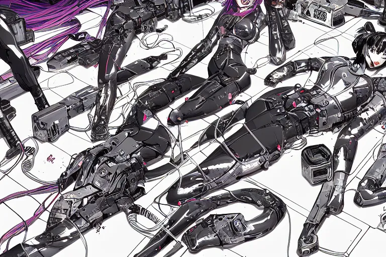 Image similar to a cyberpunk illustration of a group of coherent female androids in style of masamune shirow, lying on an empty, white floor with their bodies broken scattered rotated in different poses and cables and wires coming out, by yukito kishiro and katsuhiro otomo, hyper-detailed, intricate