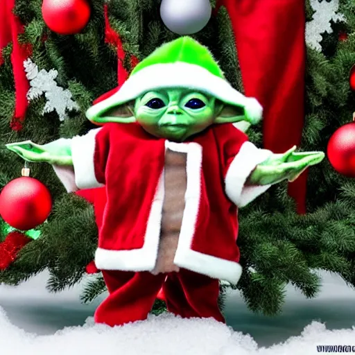 Image similar to , baby yoda wears a christmas outfit in front of a christmas tree. there is snow everywhere. realism, 8 k, 4 k, mandalorian ( tv ).