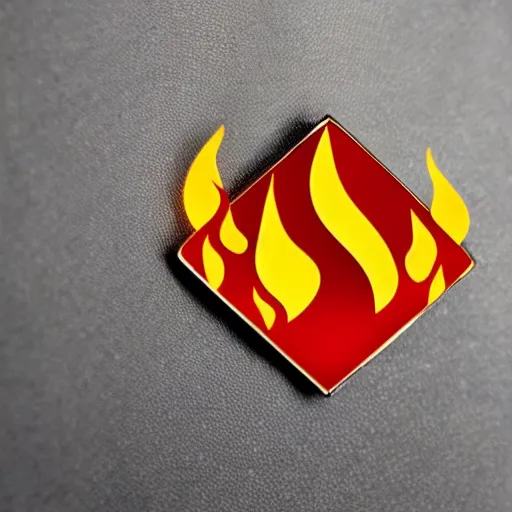 Image similar to a diamond enamel pin depicting a minimalistic clean illustration fire flames warning label, smooth curves