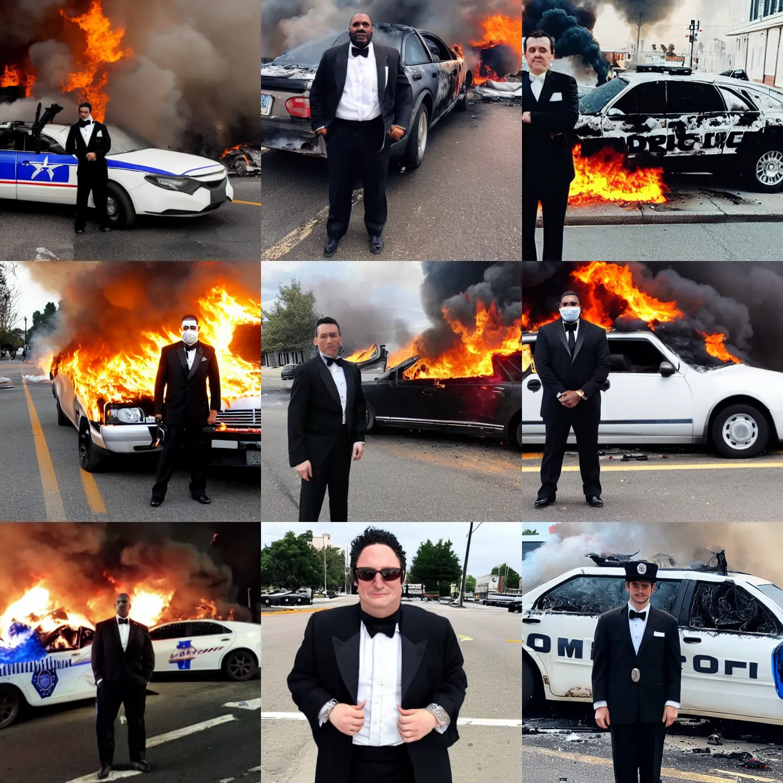 Prompt: man dressed in a tuxedo posing in front of a burning cop car during the 2020 riots, photo