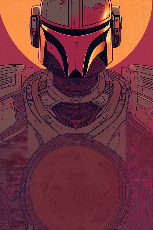 Image similar to closeup potrait of the mandalorian, intricate, volumetric lighting, moebius, geof darrow, frank miller, dan mumford, detailed illustration, digital art, victo ngai, kilian eng, vector art