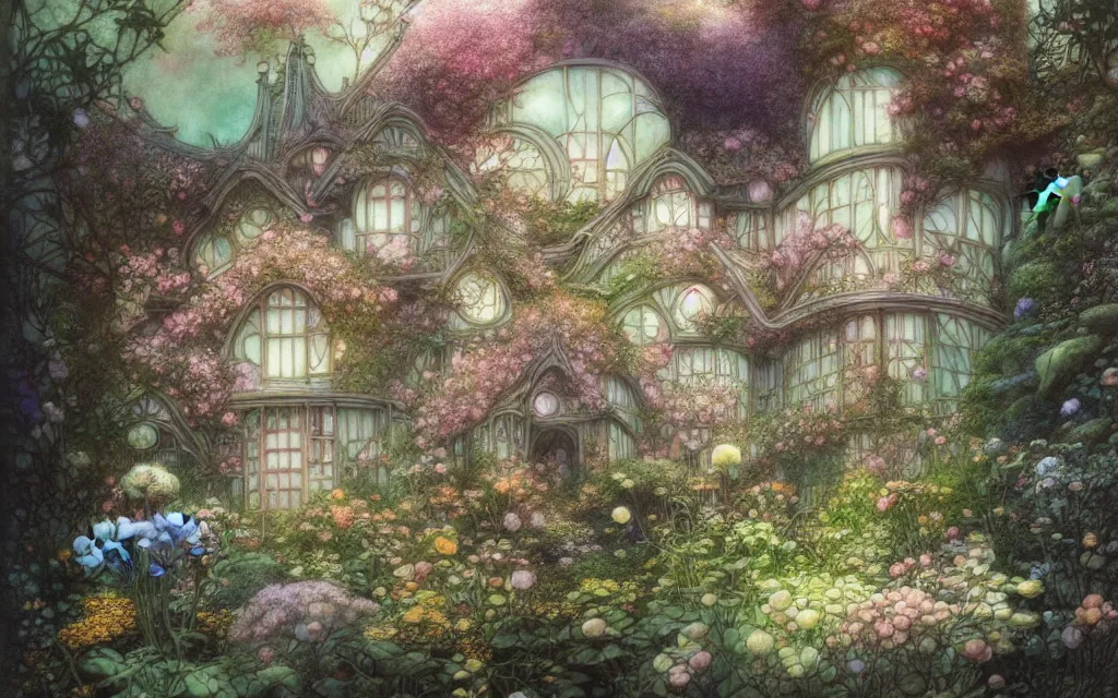 Prompt: a beautiful house in a garden, brian froud, yoshitaka amano, kim keever, victo ngai, james jean. pastel colors