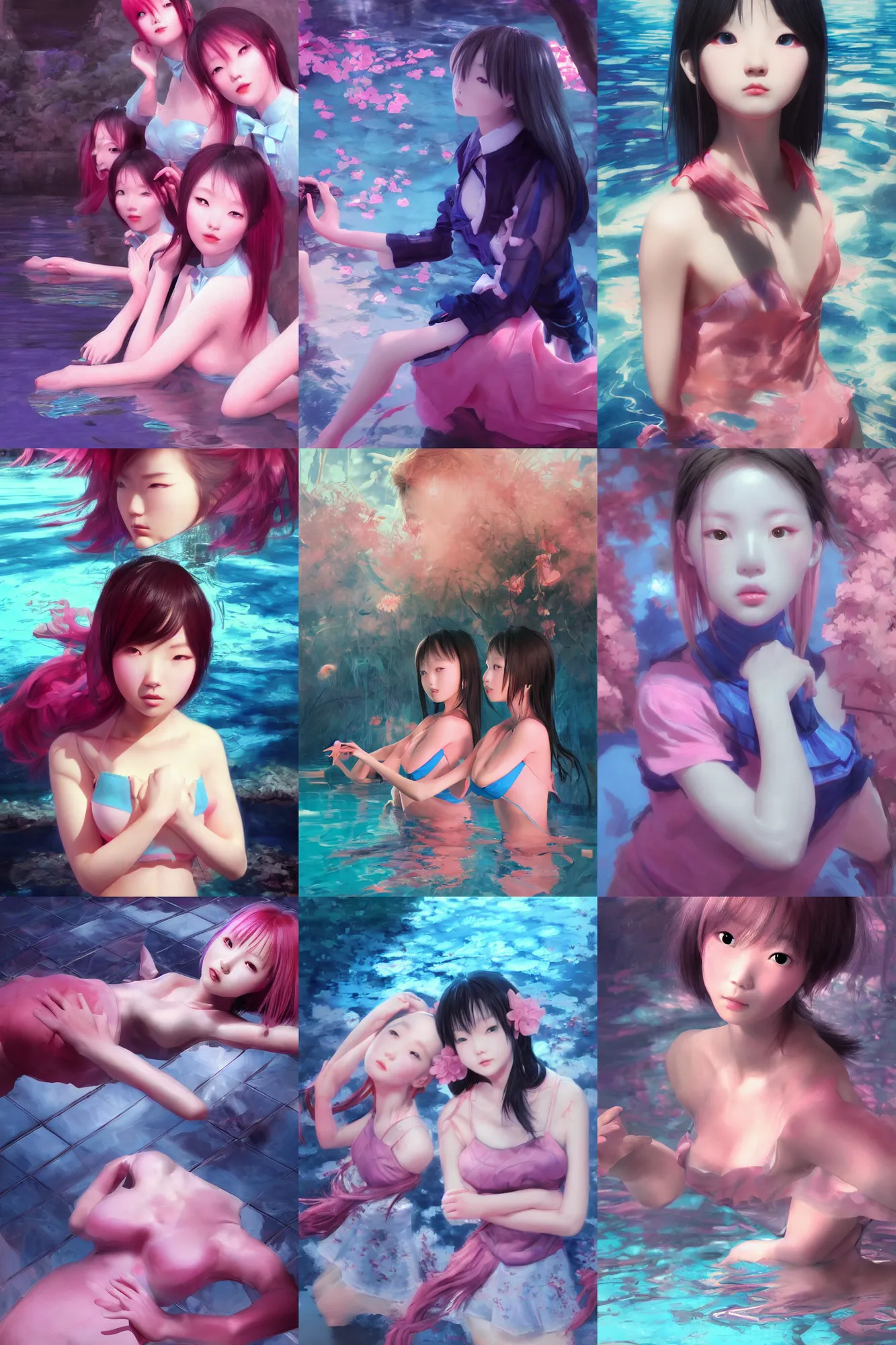 Prompt: 3d dark infrared octane render concept art by D. Jun, by Mo Xiang Tong Xiu, by Igarashi Daisuke, beauty portrait anime schoolgirls under dark pink and blue water. cute face. complex composition mirror pool. dramatic light, trending on artstation, oil painting.