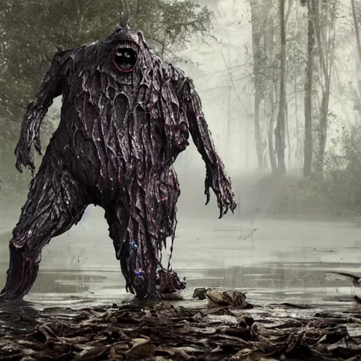 Image similar to the ghastly amorphous plastic monster walking uncontrollably out of a swamp made of molten plastic, cgsociety, high detailed, photo of the year 2 0 2 2