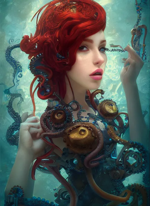 Prompt: underwater steampunk portrait of arianna grande, red hair, octopus, hyper detailed, digital art, cinematic lighting, studio quality, smooth render, unreal engine 5, octane rendered, art style by klimt and nixeu and ian sprigger and wlop and krenz cushart.