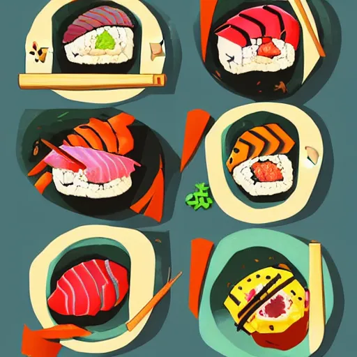 Image similar to illustration of tasty colorful sushi, in traditional japan style, by makoto shinkai and takashi takeuchi