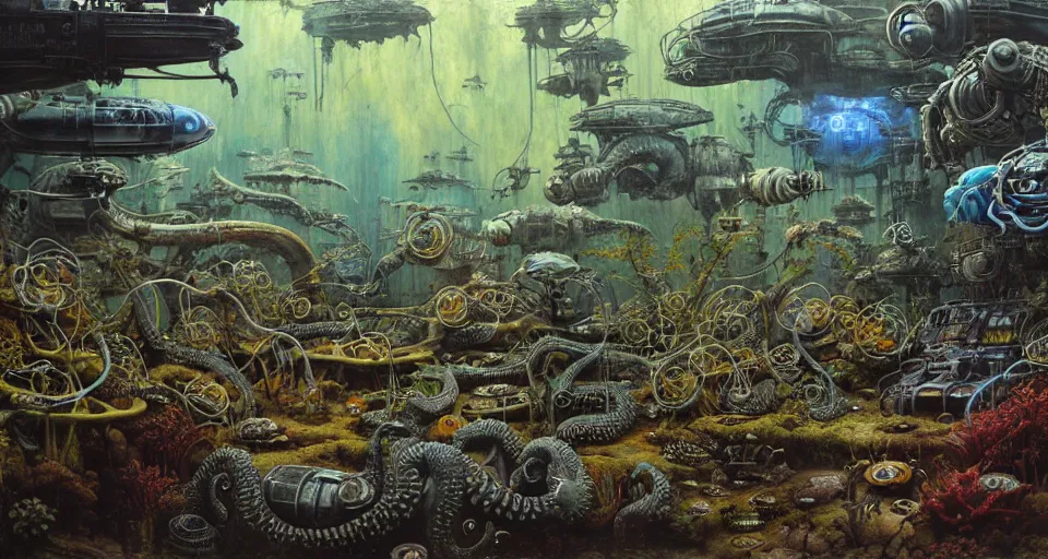 Prompt: the abyss lush garden fury road aquarium with cyborg cephalopods minimalist oil painting by donato giancola, chris foss, maschinen krieger fetuses organic laboratory, victorian shopping mall courtyard, beeple, the matrix, star wars, ilm, star citizen, mass effect, warm coloured, artstation, atmospheric perspective