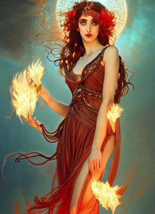 Prompt: the greek goddess hestia, hair made of fire, steampunk, beautiful glowing eyes, volumetric lights, red and cyan theme, art nouveau botanicals, intricate, highly detailed, digital painting, artstation, concept art, smooth, sharp focus, cinematic, illustration, beautiful face, art by artgerm and greg rutkowski and alphonse mucha