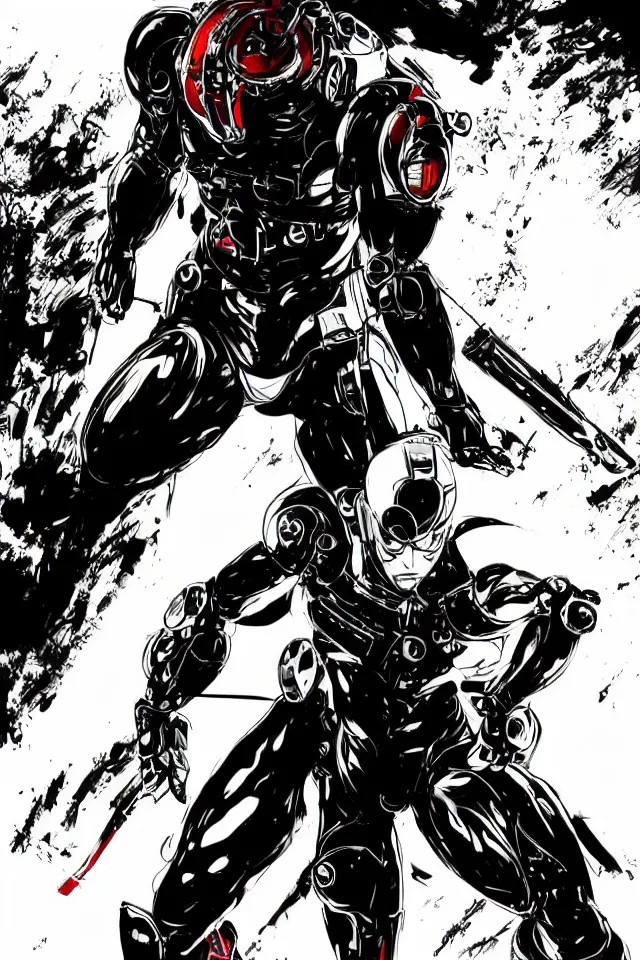 Image similar to a full - body portrait of cyborg ninja oda nobunaga, in yoji shinkawa's art style, metal gear solid art style, highly detailed, 4 k, artistic, white background, b & w