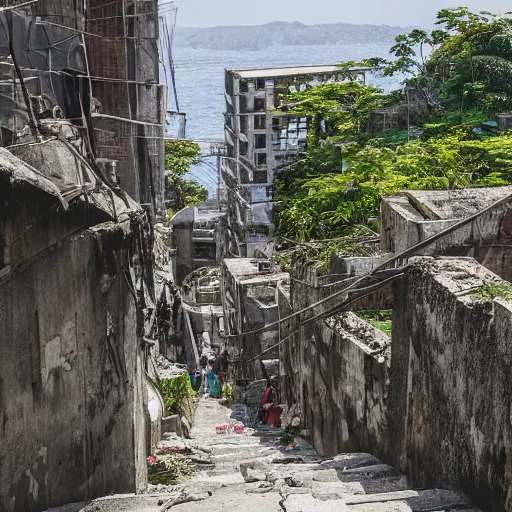 Image similar to View through the streets and upwards of Hashima gradually returning to nature