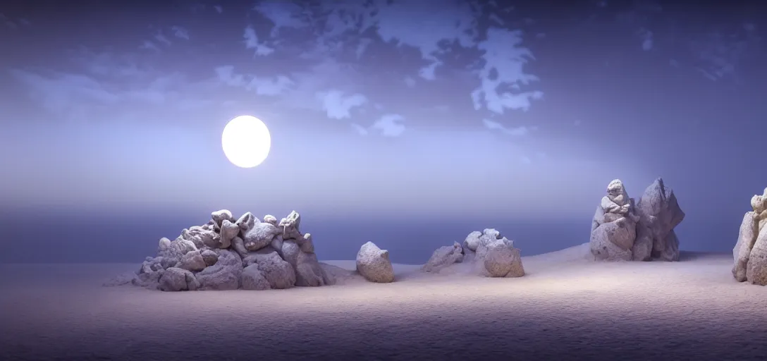 Image similar to octane render uhd, filmic lighting, cinematic art shot, hyperrealistic, hyperdetailed, super detailed, 8 k, high resolution, sandy white moon landscape, white rocks made of bone, 8 k uhd matte painting by ross tran and ivan aivazovsky, mega high white mountain, midnight