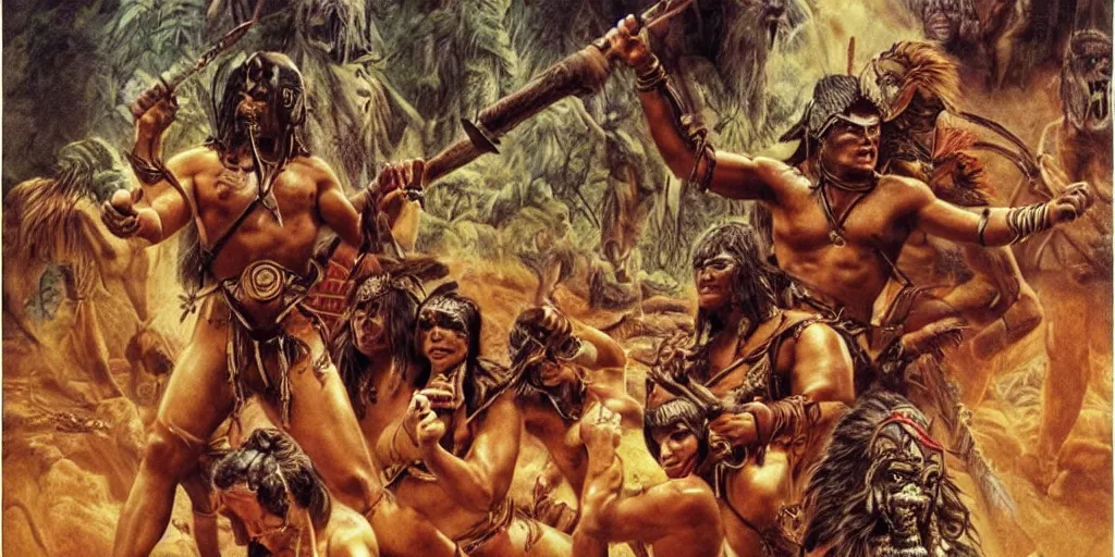 Image similar to movie, ancient battle in jungle, beautiful brutal aztec and Amazonian females fight, epic, vintage, blood, slight inspiration of Boris vallejo and apocalypto