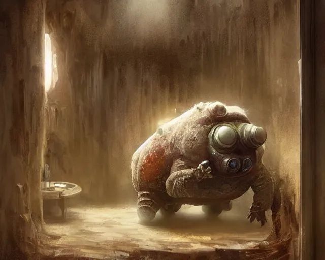 Prompt: a tardigrade!!! in a luxury hotel! suite room in the style of prehistoric! iceage, art by greg rutkowski and artgerma, stunning! concept art, interior! design