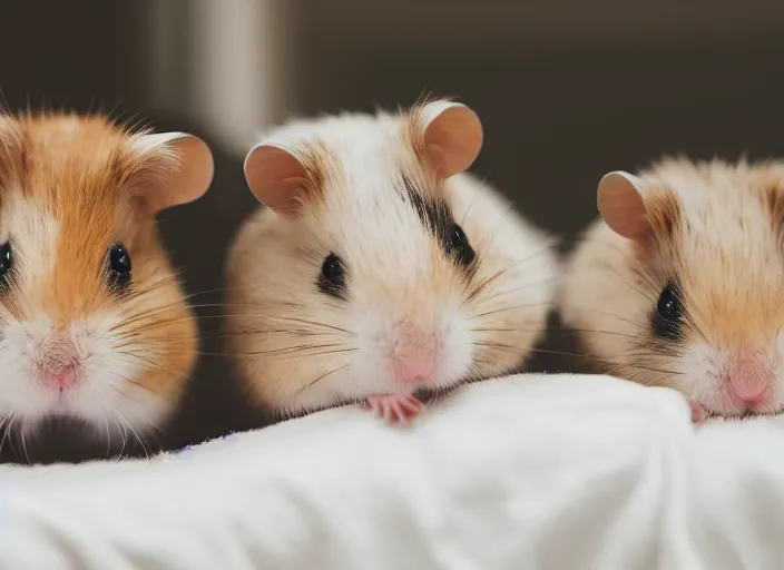 Image similar to photo of a two hamsters laying in a bed, cinematic color grading, various poses, soft light, faded colors, well framed, sharp focus, 8 k