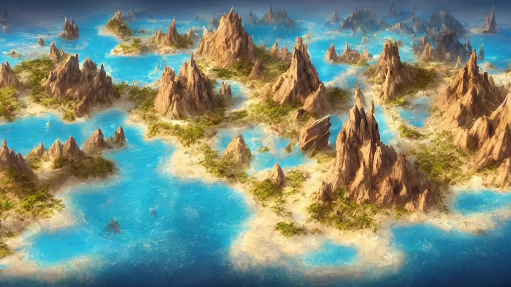 Image similar to fantasy desert crystal island, viewed from the ocean, high quality digital art, high detail, trending on artstation