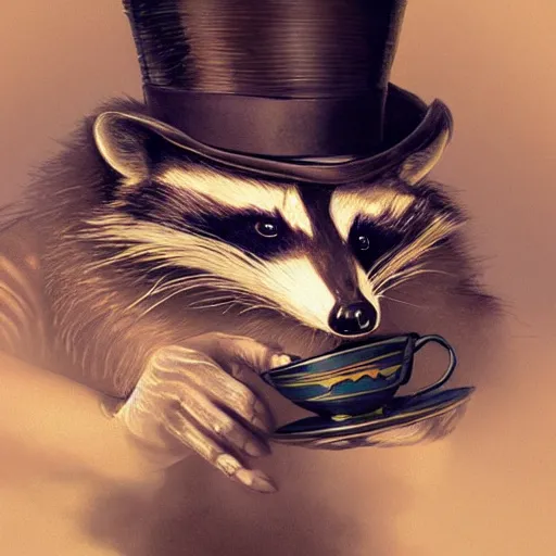 Image similar to a raccoon with a top hat holding a tea cup, intricate, highly detailed, digital painting, artstation, concept art, smooth, sharp focus, illustration, unreal engine 5, 8 k, art by artgerm and greg rutkowski and alphonse mucha