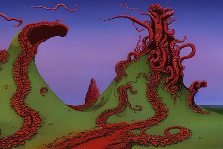 Image similar to lovecraftian landscape, another world by Roger Dean