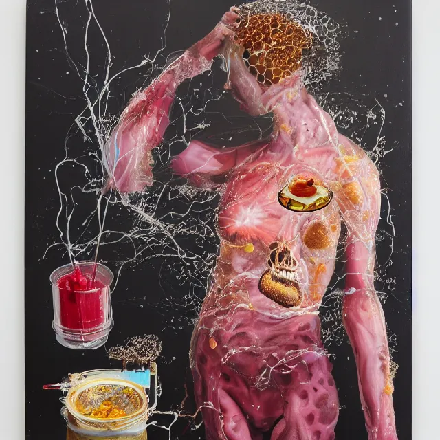 Prompt: a women holding an electronic brain, sparks, honeycomb, organic, femme, a portrait in a female art student's apartment, pancakes, berries, octopus, surgical supplies, skull, scientific glassware, cheerios, art materials, candle dripping wax, berry juice drips, neo - expressionism, surrealism, acrylic and spray paint and oilstick on canvas