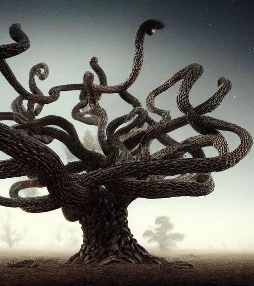 Prompt: surreal theory of a tree made of snakes, futuristic ancient tree in the desert, foggy sky, dark night, octane render, unreal engine, pale colors, high detail, 8 k, wide angle, trending on artstation, behance