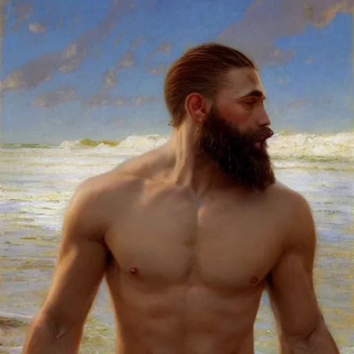 Prompt: detailed cinematic wide shot of muscular attractive young man beard slim face symettrical face clean skin blue eyes white hair wearing sea clothes, ultra realistic, spring light, painting by gaston bussiere, craig mullins, j. c. leyendecker