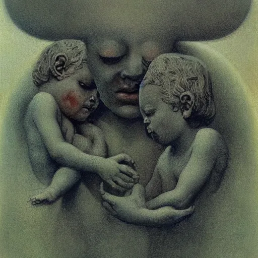 Image similar to cherub with four faces in one, by zdzislaw beksinski