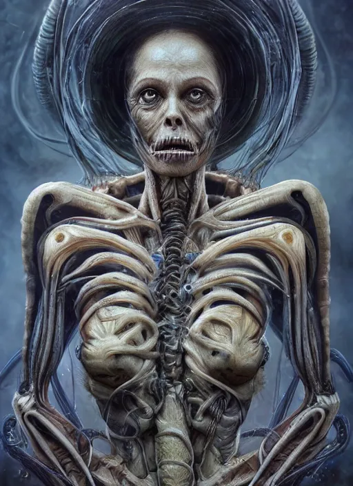 Image similar to an organic anatomical portrait of sigourney weaver blended with a xenomorphic alien queen, biomechanical, twisting organic tendrils, haze, highly detailed, hyper real, futuristic, volumetric interior lighting, artstation, unreal engine render 8 k greg rutkowski, hr giger