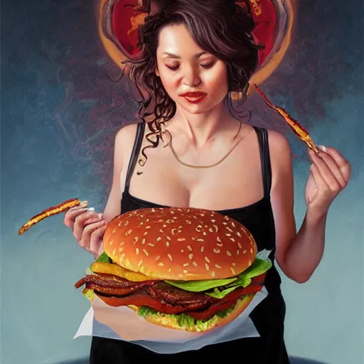 Prompt: detailed full body concept art illustration oil painting of Rosanne Barr eating hamburgers, extra ketchup, bacon lettuce and tomatos, oriental art nouveau, frock, mid body, radiant halo of light, black gold smoke ink, woman covered in bacon and cheese, peter mohrbacher, artgerm