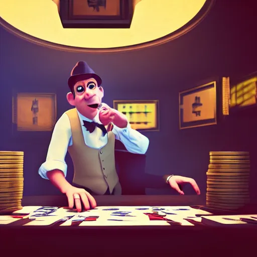 Image similar to portrait of bookmaker with money in hands sly cunning pixar style animation 3d extremely gloomy lighting, shining light and shadow, atmospheric, cinematic, unreal Engine, 8K