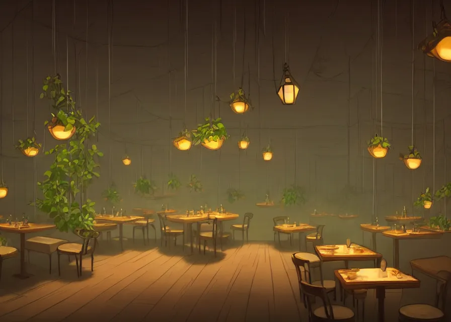 Prompt: an interior room of a dim restaurant at night with hanging plants, makoto shinkai, dusty, matte painting