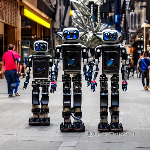 Image similar to A photo of mechanical futuristic robots walking along Rundle Mall in Adelaide, Australia, High detail, realistic photo