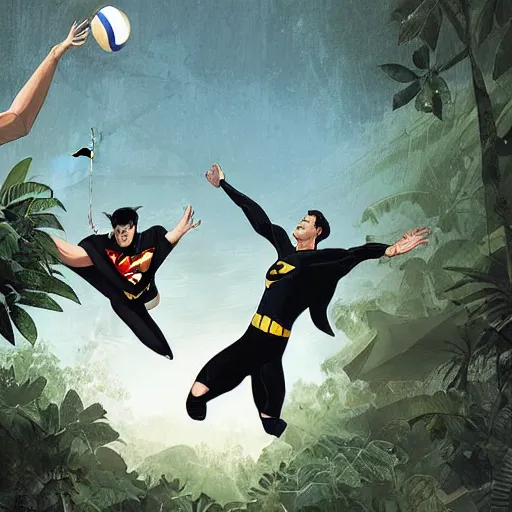 Prompt: batman and superman are playing volleyball in a jungle, volleyball in the air, volleyball net, digital illustration, inspired by greg rutkowski and artgerm, high detail