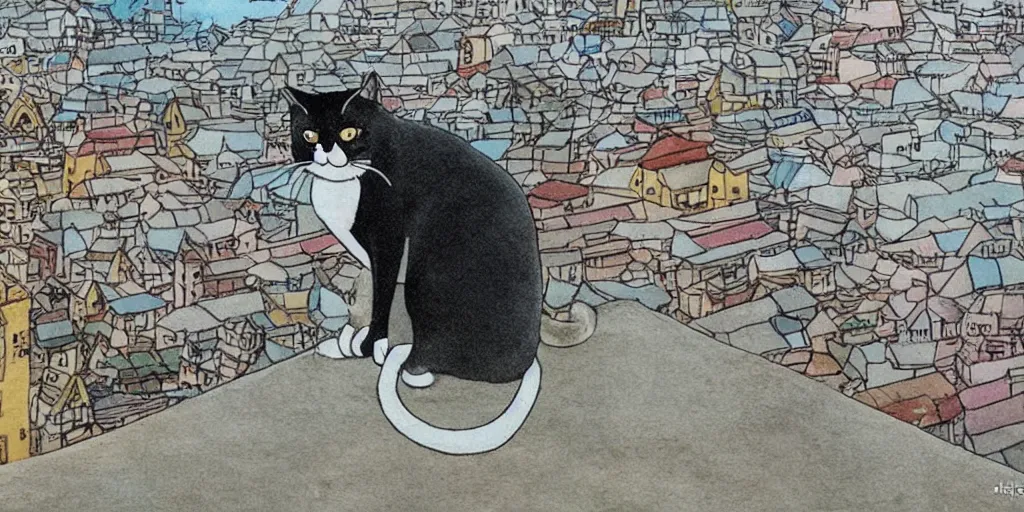 Prompt: sri lankan cat looking at the city, drawn by hayao miyazaki