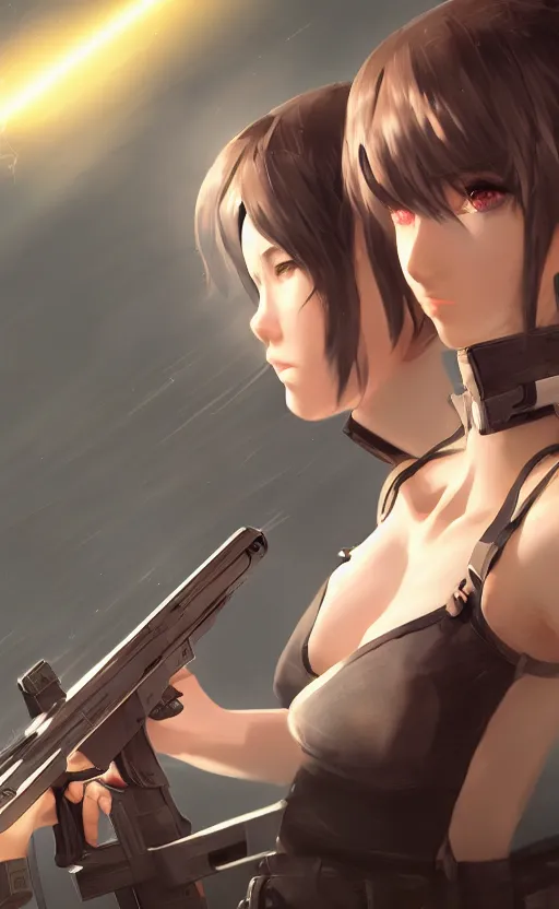 Image similar to highly detailed, high resolution, character design art, stunning, volumetric lightning, realistic guns, girls frontline style, matte, sharp focus, 150mm, illustration, artstation, by kuvshinov ilya, professional finish, realistic anatomy, simple design, single person in the camera view, consistent result