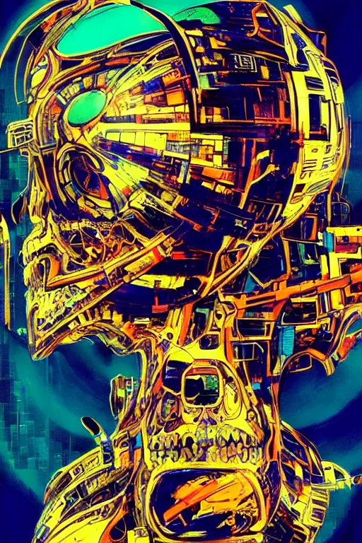 Image similar to fisheye, a portrait of a shattered cybernetic skull, lost in tensor fields, madness, decoherence, synthwave, glitch!!, fracture, realistic, hyperdetailed, concept art, golden hour, art by syd mead, cubism