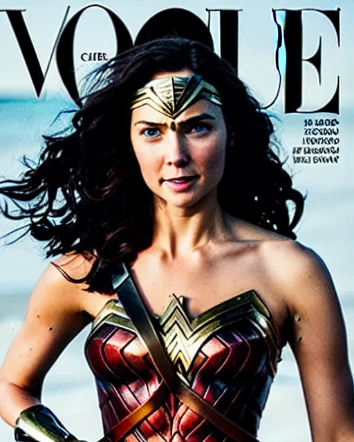 Prompt: Wonder Woman with the face of Chris Hemsworth, Vogue cover photo