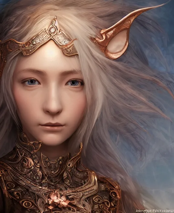 Prompt: a beautiful and highly detailed digital portrait of a dignified elf with long blue windswept hair in a rose gold breastplate by artgerm, nina tryggvadottir, and lu ji, centered, artsation contest winner, cgsociety, fantasy art, cryengine, concept art, photorealism, daz 3 d, sketchfab, zbrush, vray