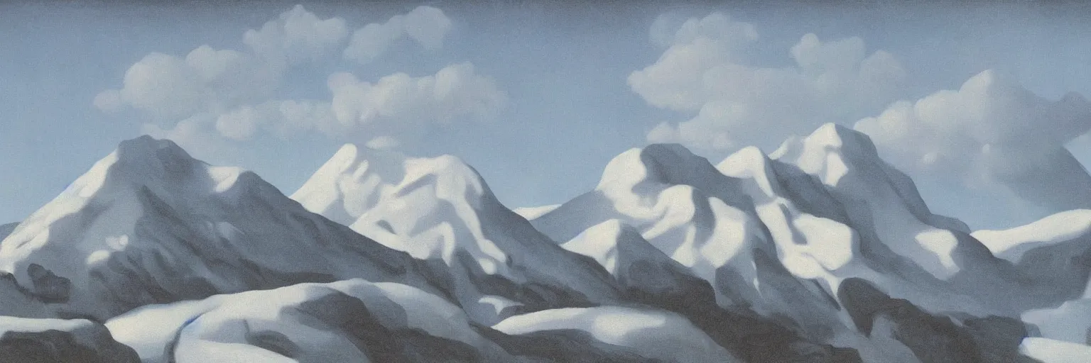 Prompt: mountains with snow oil painting magritte