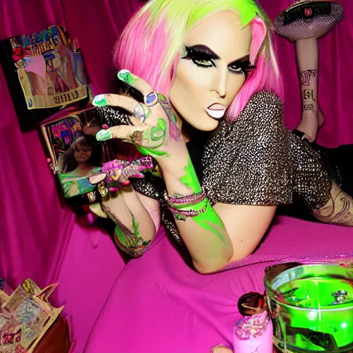 Prompt: jeffree star practicing witchcraft in an y 2 k rhinestone mcbling bedroom