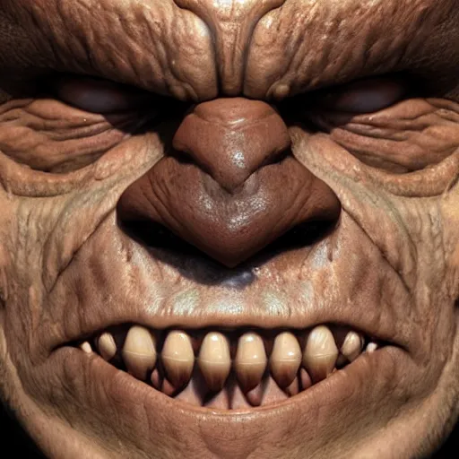 Prompt: An orc smiling into the camera, portrait, artstation, realistic, highly detailed, bokeh