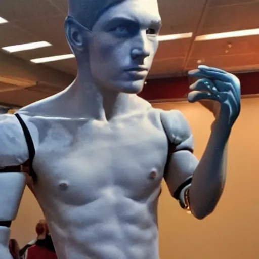 Image similar to “a realistic detailed photo of a guy who is an attractive humanoid who is half robot and half humanoid, who is a male android, American freestyle and folkstyle wrestler from Oklahoma AJ Ferrari, shiny skin, posing like a statue, blank stare, at college, on display”